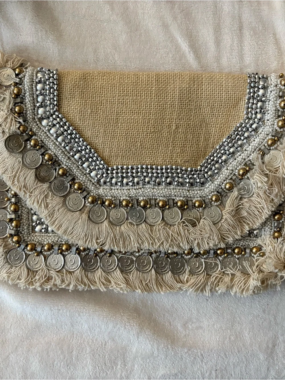 Lulu's Beige Fringe Coin Embellished Clutch
